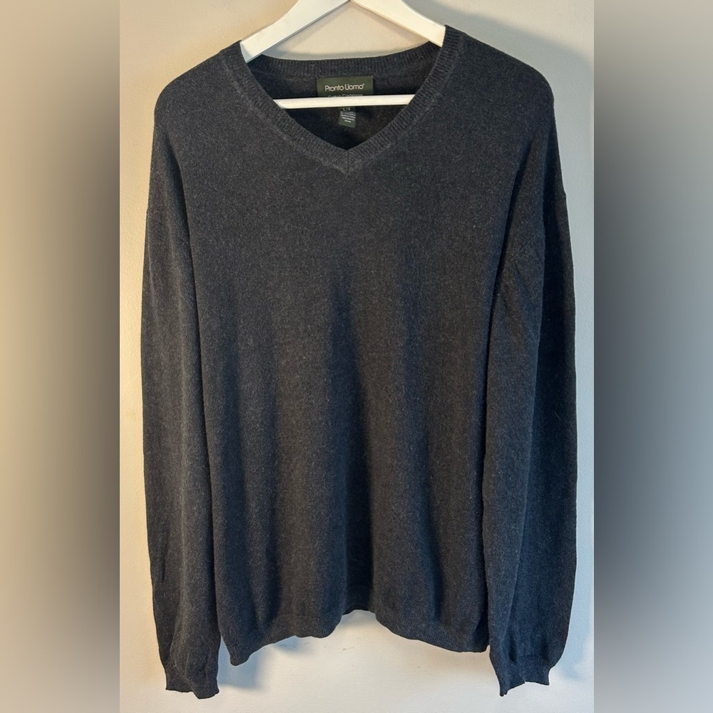 Pronto Uomo Men's Sweater Pullover Sz L 95% Cotton 5% Cashmere Blend Gray V-neck